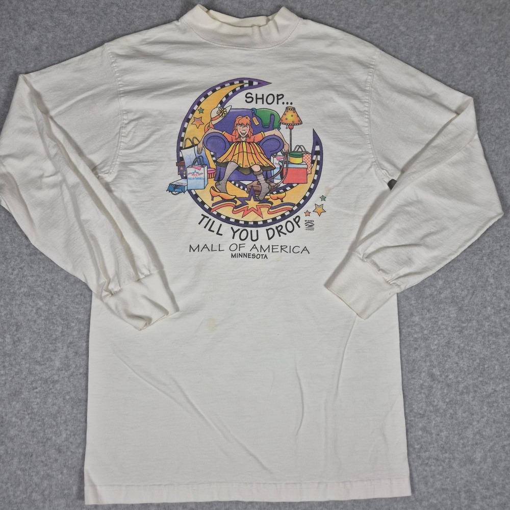 Fruit of the Loom T-Shirt Unisex Small White Mall of America Vintage Long Sleeve